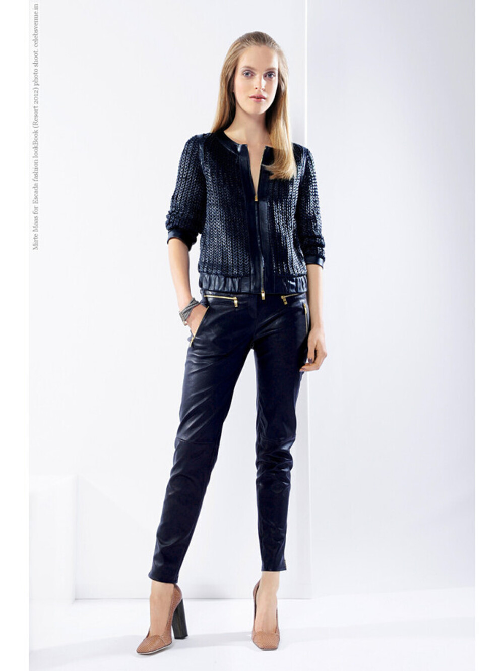 Escada Woven Leather Jacket in Navy,Sz:36 Retail $ 3,695 NEW